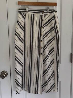 Free People Linen Blend Stripe Button Down Midi Skirt